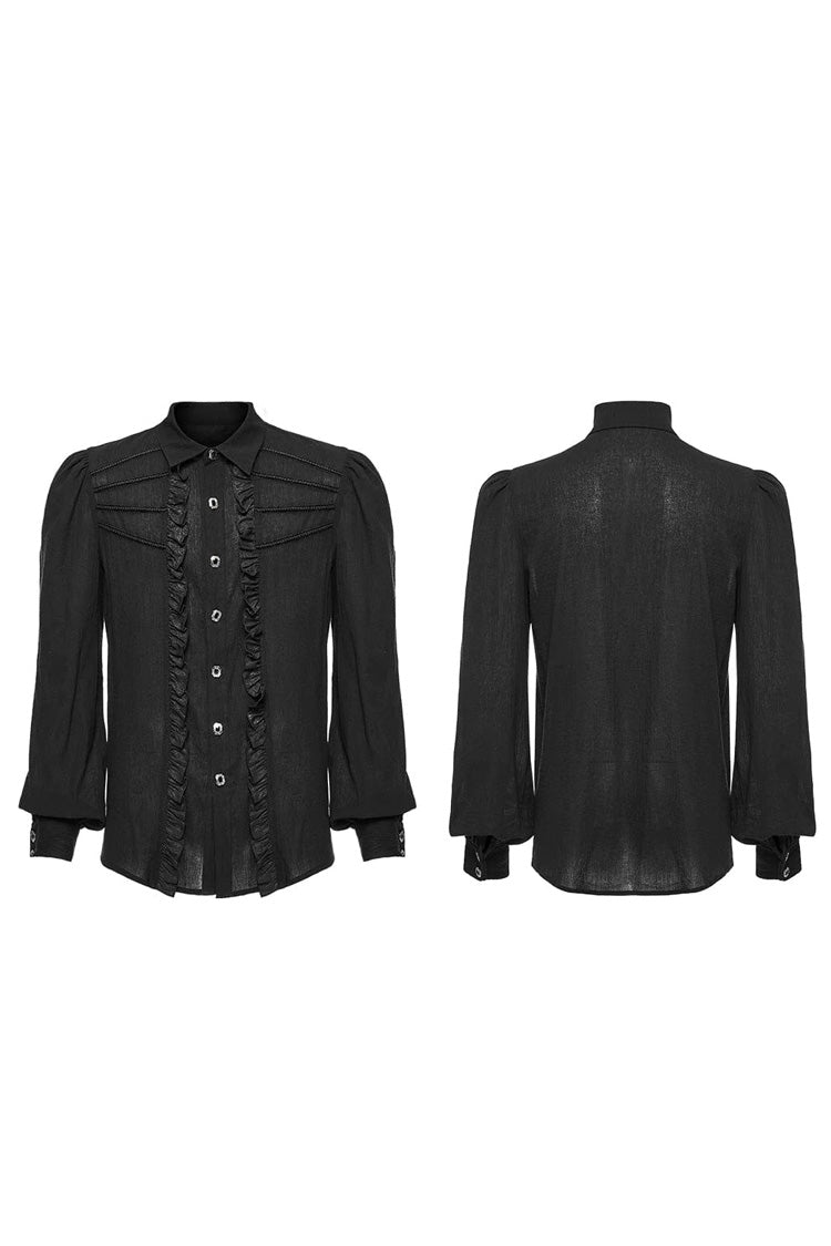 Black Hand-Stitched Button Pleated Long Puff Sleeves Ruffle Mens Gothic Blouse