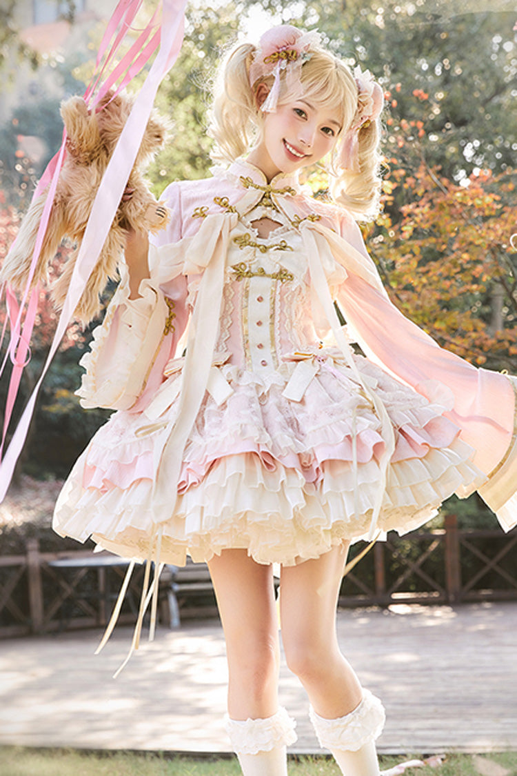 Pink White Pear Dream Multi-layer Ruffle Lace Sweet Chinese Style Princess Lolita Jsk Dress