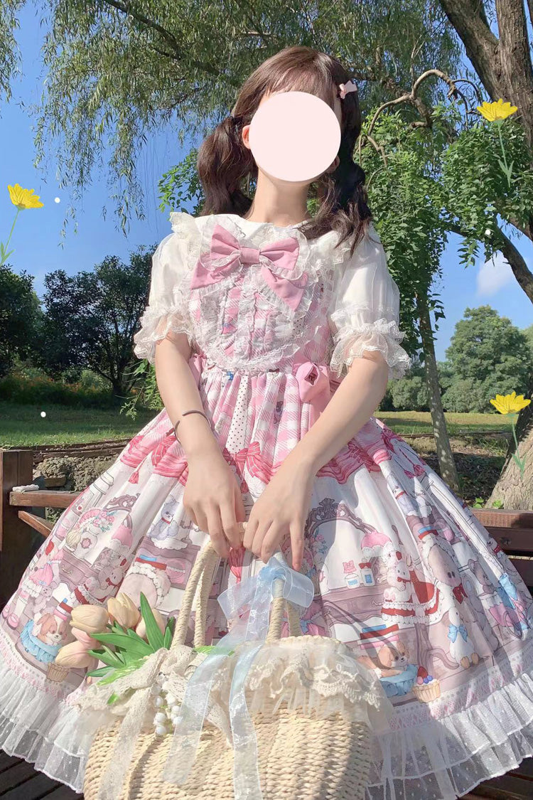 Pink Plush Bear and Doll Print Ruffle Bowknot Lace Sweet Lolita Jsk Dress