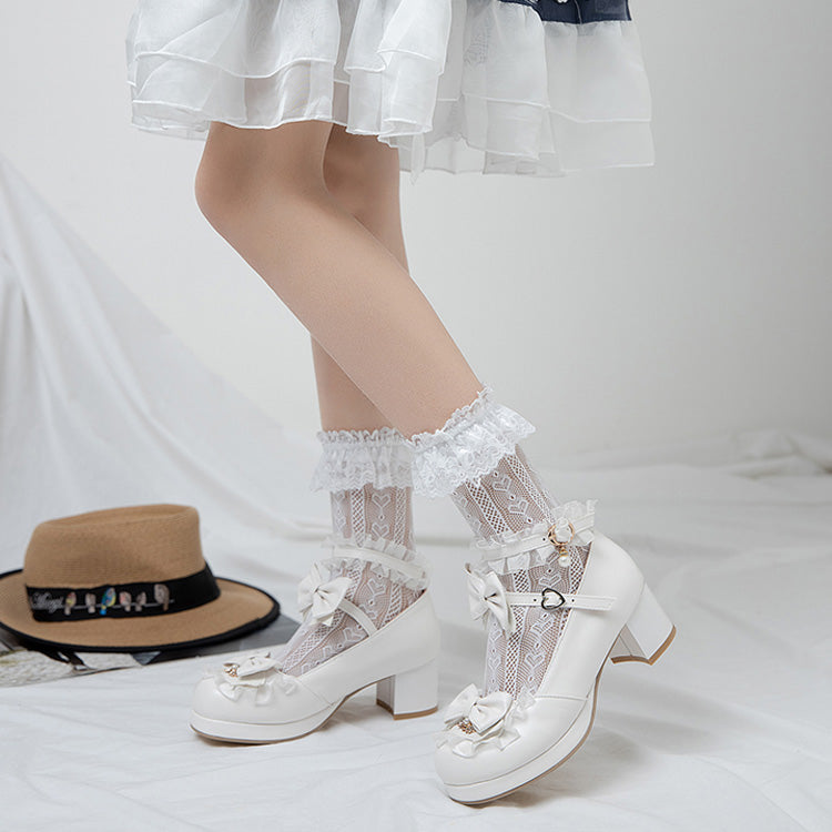 Bowknot White Frills Sweet Lolita High Heel Shoes