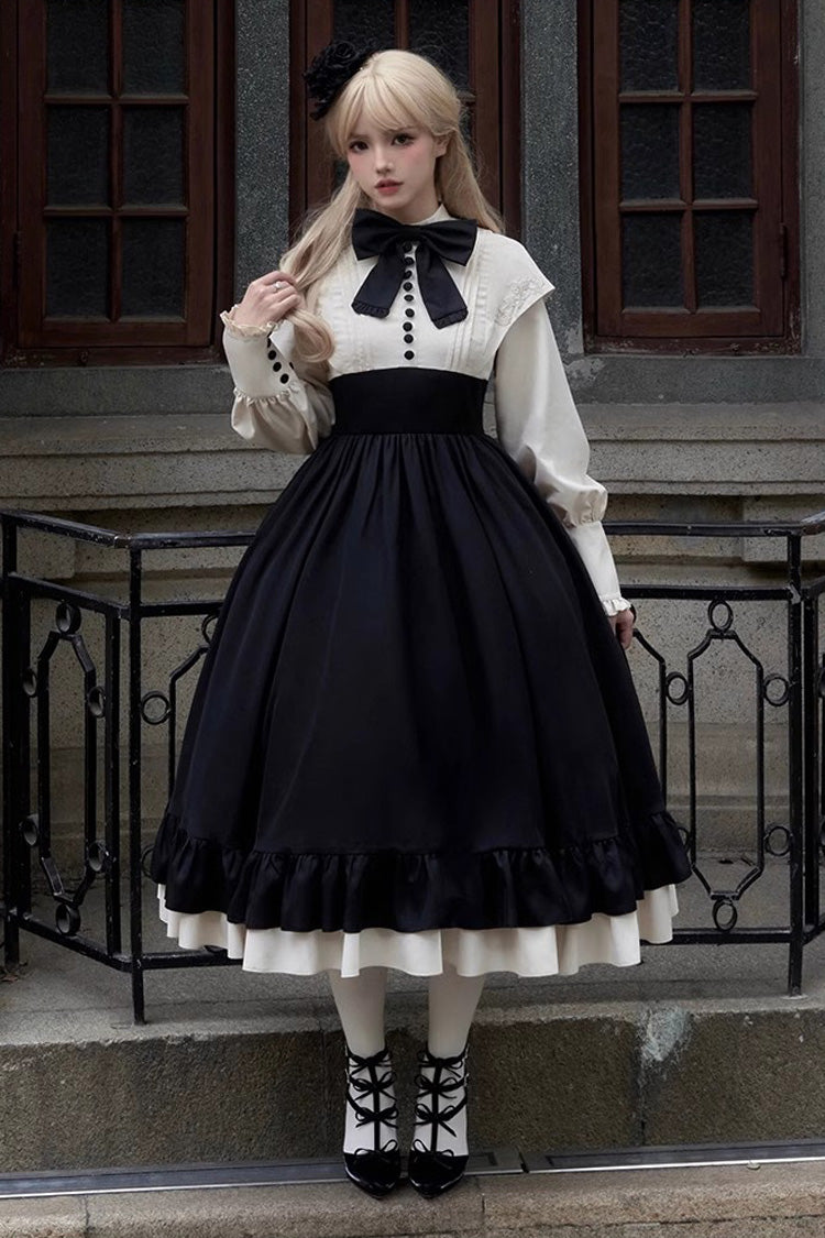 Rose Embroidery Long Sleeves Ruffle Bowknot Fake Two Pieces Elegant Lolita Dress 2 Colors