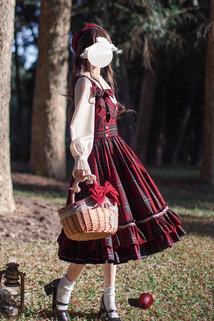 Red [Little Red Riding Hood] Double-Layered Plaid Print Ruffle Bowknot Sweet Vintage Lolita Jumper Dress