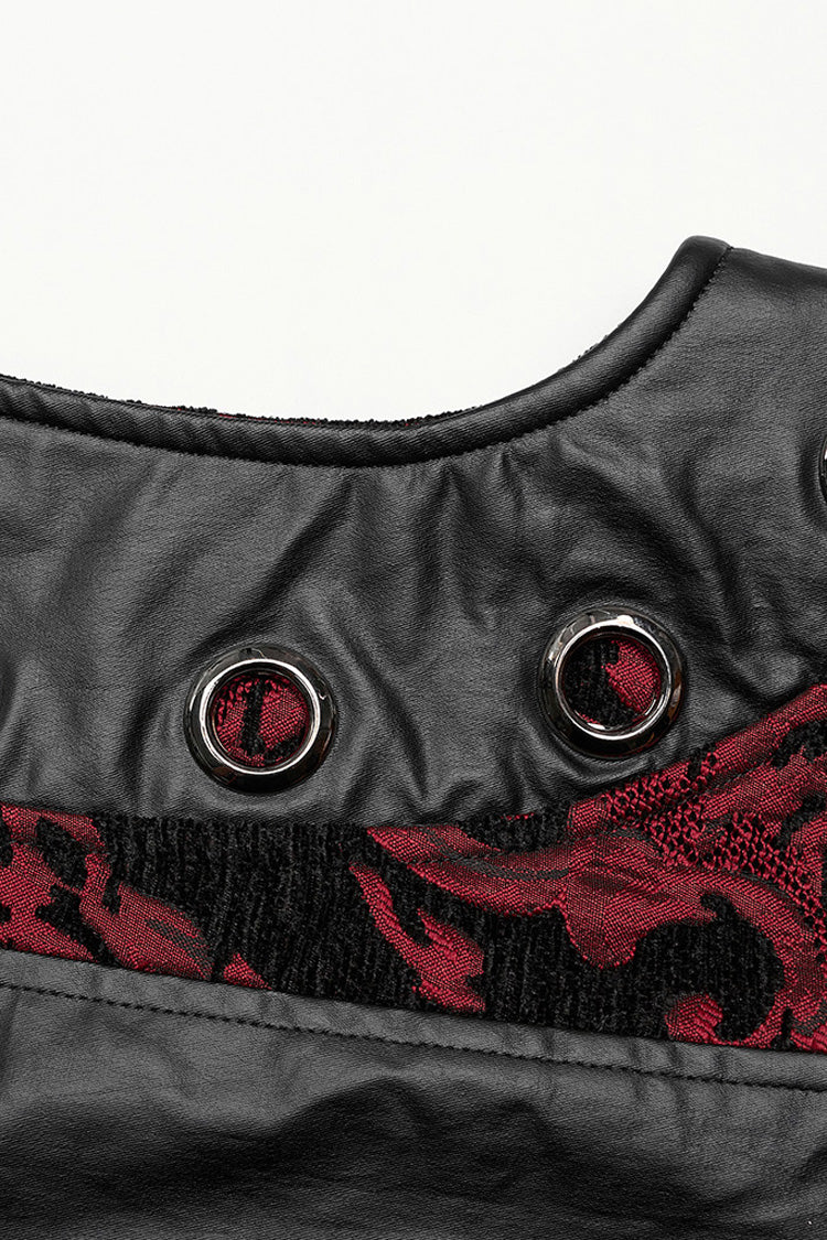 Black/Red Men's Stand Collar Jacquard Print Stitching Metal Ring Decoration Gothic Vest