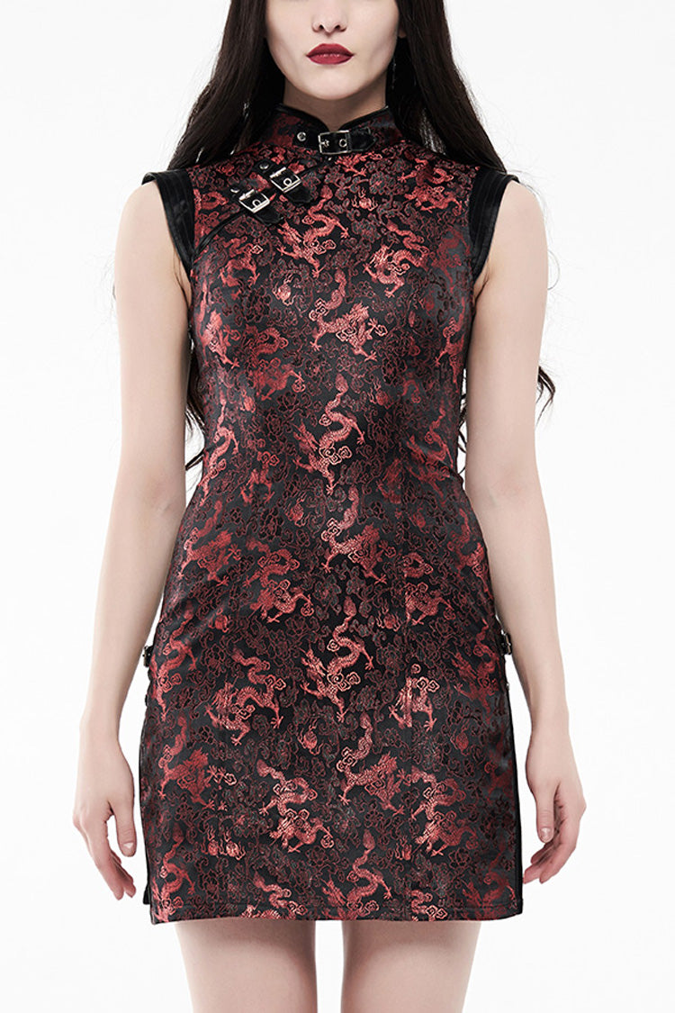 Schlankes Gothic-Cheongsam-Kleid mit Jacquard-Drachen-Print für Damen, 2 Farben