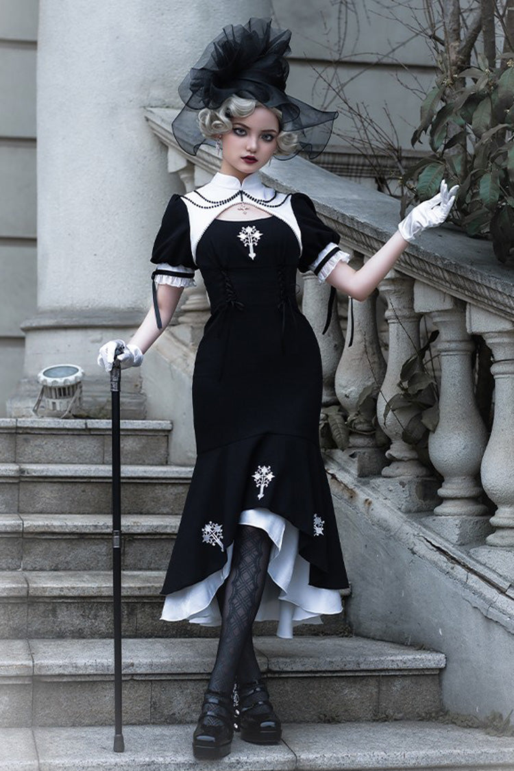 Schwarzes, zweiteiliges Lolita-Kleid im Nonnenstil „Prayer for the Dead“ mit Spitzennähten und durchsichtigem Gothic-Stil