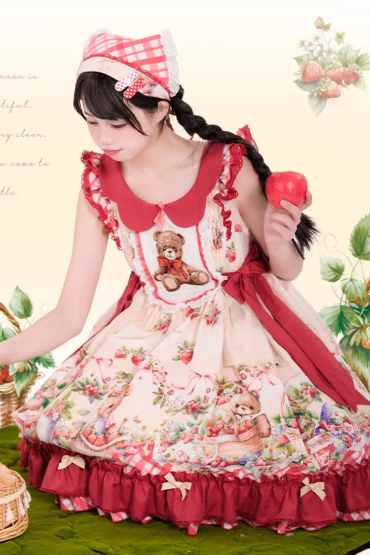 Red [December Strawberry Bear] Print Ruffle Bowknot Sweet Lolita Dress