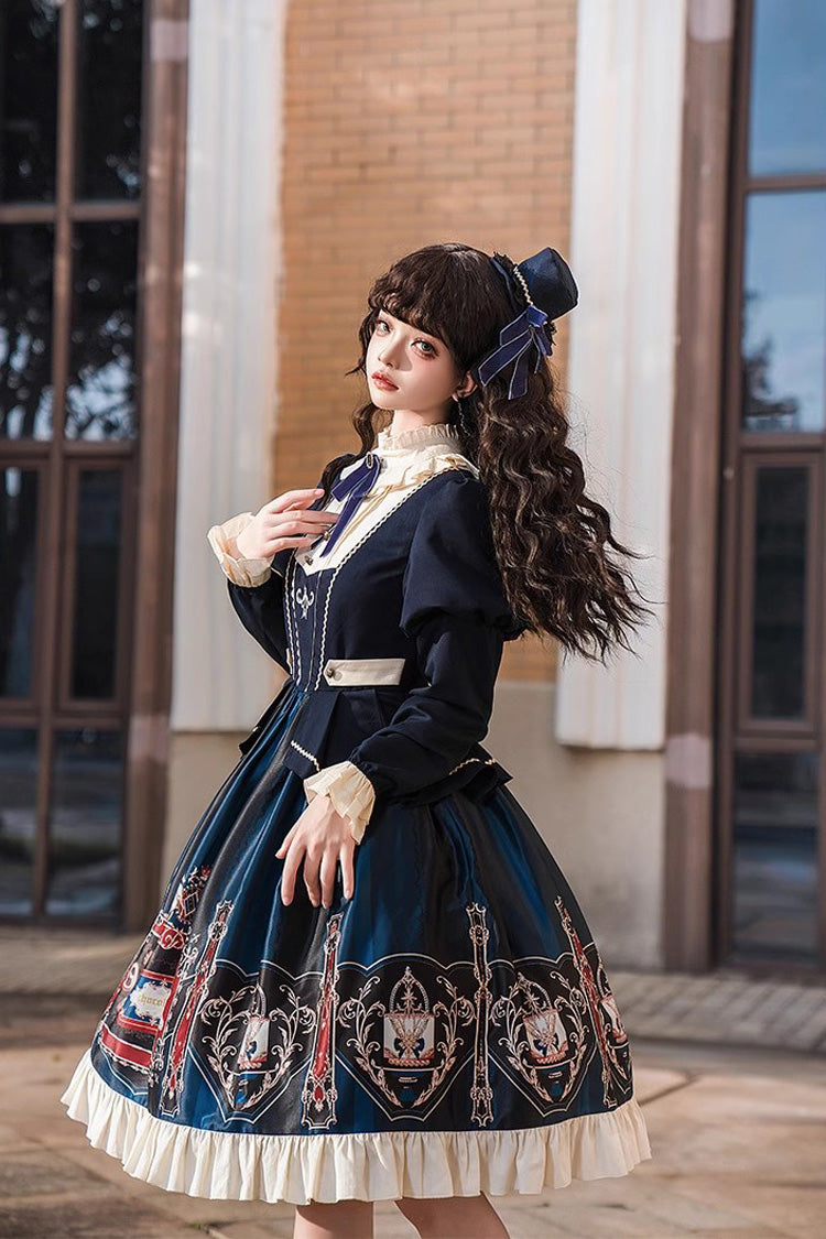 Chocolate Academy Long Sleeves Print Ruffle Vintage College Style Elegant Lolita Dress 2 Colors (Includes petticoat)