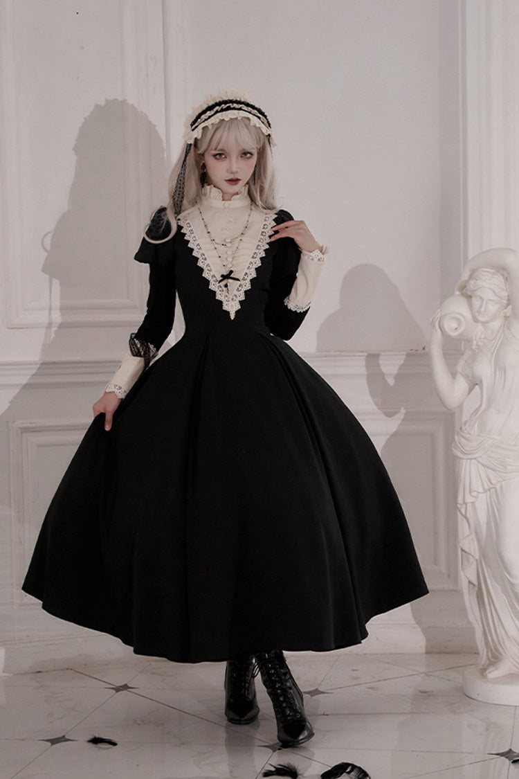 Schwarzes [Letters and Poems·Nocturne] Nonnenkleid mit langen Ärmeln und Rüschen im Gothic-Lolita-Stil