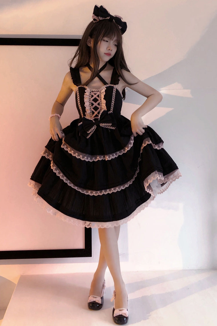 Schwarz/Rosa First Love dreilagiges Gothic Lolita Jsk Kleid mit Rüschen, Schleife und Spitze