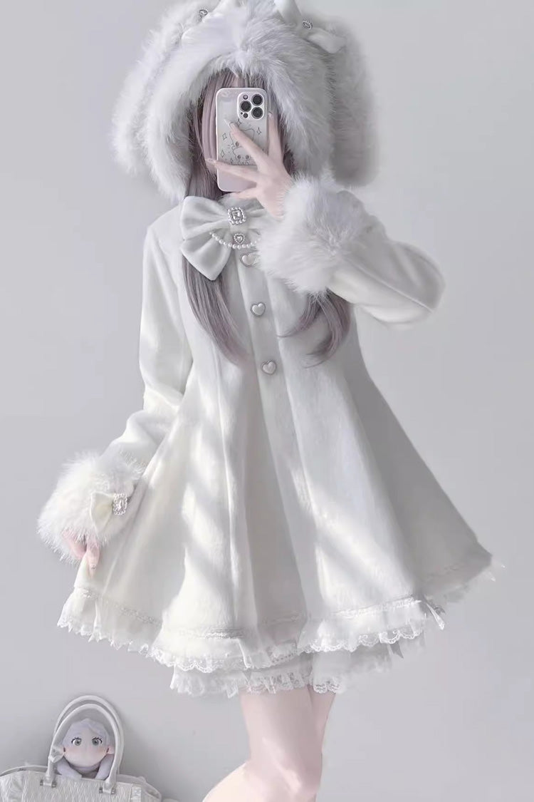 [Plush Lop-eared Rabbit] Long Sleeves Bowknot Lace Hooded Sweet Jirai Kei Coat 5 Colors