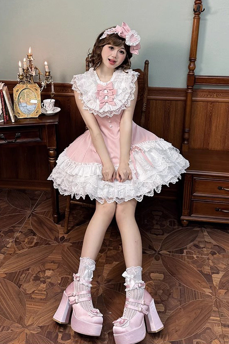 Pink [Miss Tsundere] Sleeveless Multi-Layered Ruffle Bowknot Lace Asymmetric Sweet Princess Lolita Dress