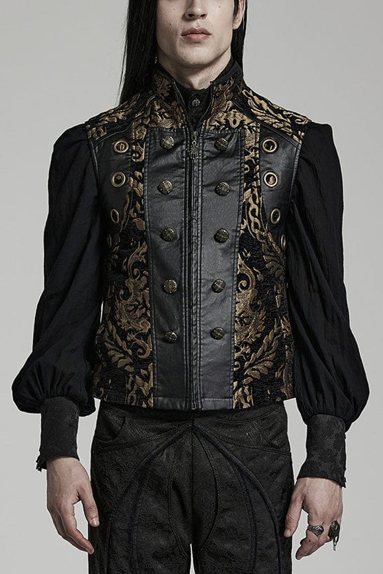 Men's Stand Collar Jacquard Print Stitching Metal Ring Decoration Gothic Vest 2 Colors