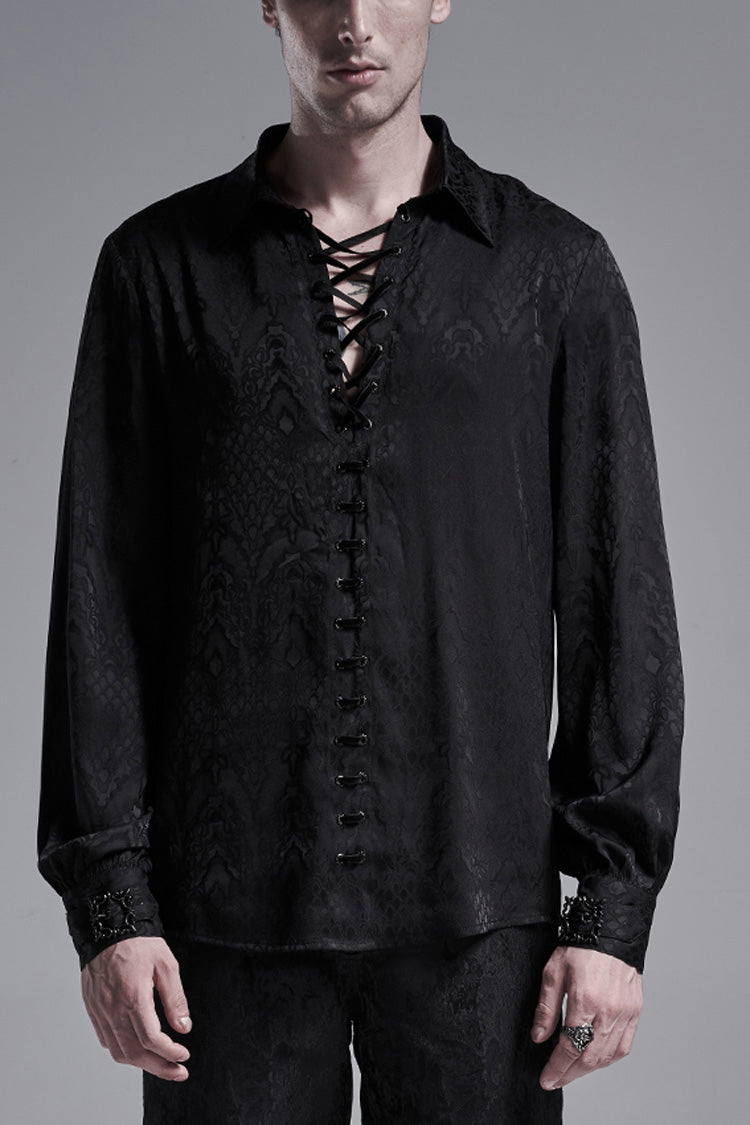 Jacquard Long Sleeve Front Metal Eyelets Lace Up Metal Carving Buckle Cuff Men's Gothic Shirt 3 Colors