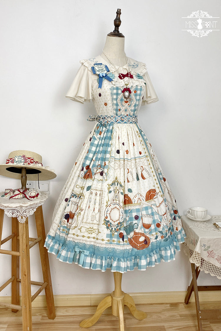 Blue/Green [Tea Party] Print Ruffle Bowknot Lace Sweet Elegant Lolita Jsk Dress