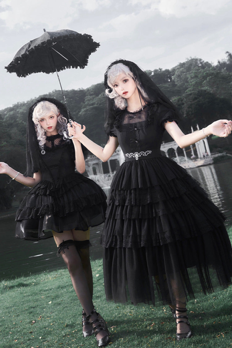 Schwarzes Twin Ivory Towers kurzärmliges fünflagiges Gothic Lolita-Kleid mit Rüschen