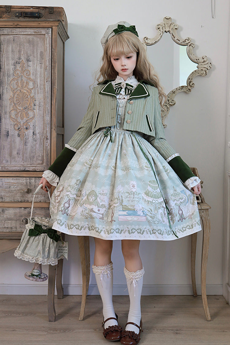 [Iris Study] Square Collar Print Bowknot Lace-Up Sweet Lolita Jumper Dress 2 Colors