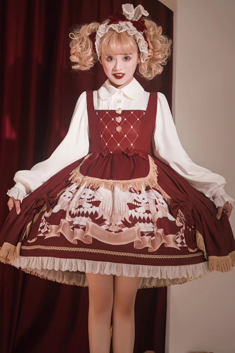 Roter Puppenkragen [Bunny Reading Club] Druck Rüschen Spitze Fake Zweiteiliges süßes Prinzessin Lolita Kleid