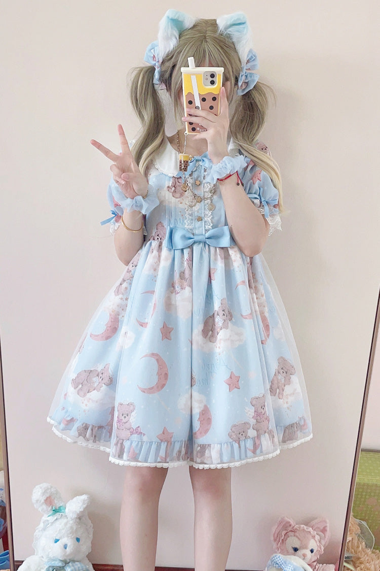 Süßes Lolita-Kleid mit Stern-Wunschbär-Aufdruck, kurzen Ärmeln und Schleife, 2 Farben