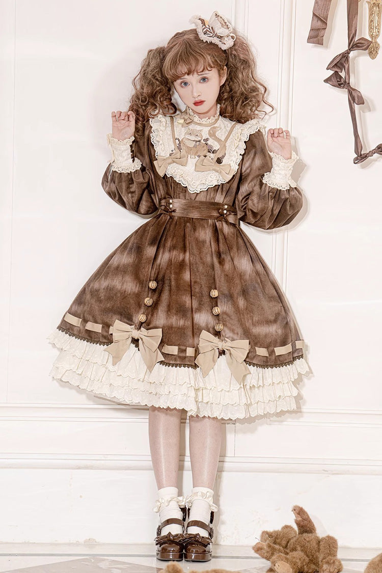 Brown [Chocolate Cat] Print Long Sleeves Ruffle Bowknot Sweet Lolita Dress