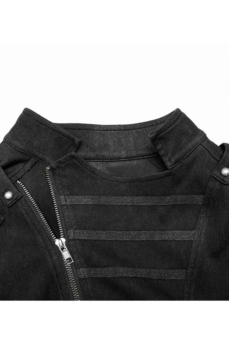 Black Punk Stand Collar Anterior Middle Asymmetry Design Zipper Shoulder Decorate Webbing Men's Vest