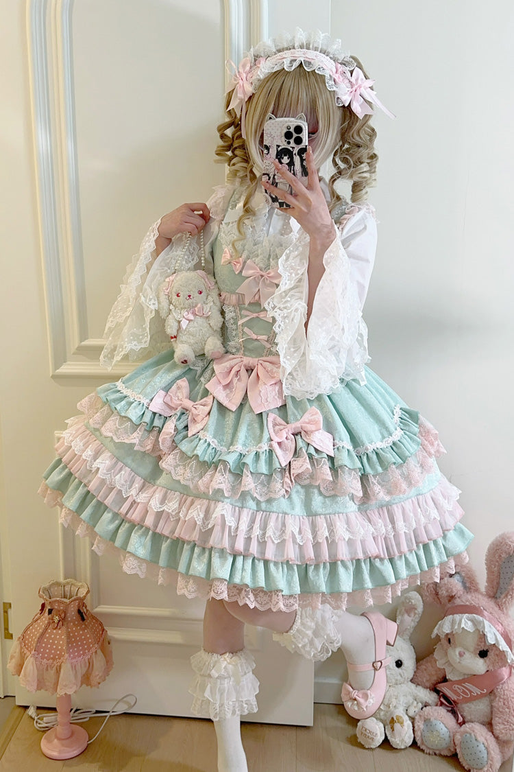 Green Multi-Layered Ruffle Bowknot Stitching Lace Sweet Lolita Jsk Dress