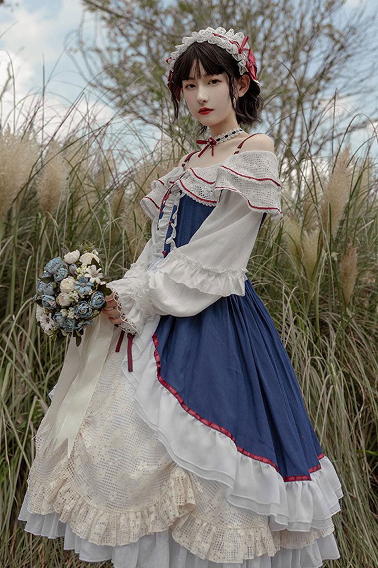 Blau/weißes, langärmliges Cardigan-Kleid mit Schleife und süßem Lolita-Kleid