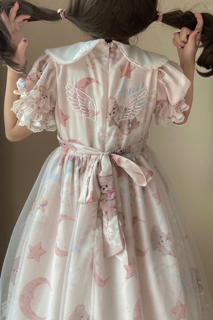 Süßes Lolita-Kleid mit Stern-Wunschbär-Aufdruck, kurzen Ärmeln und Schleife, 2 Farben