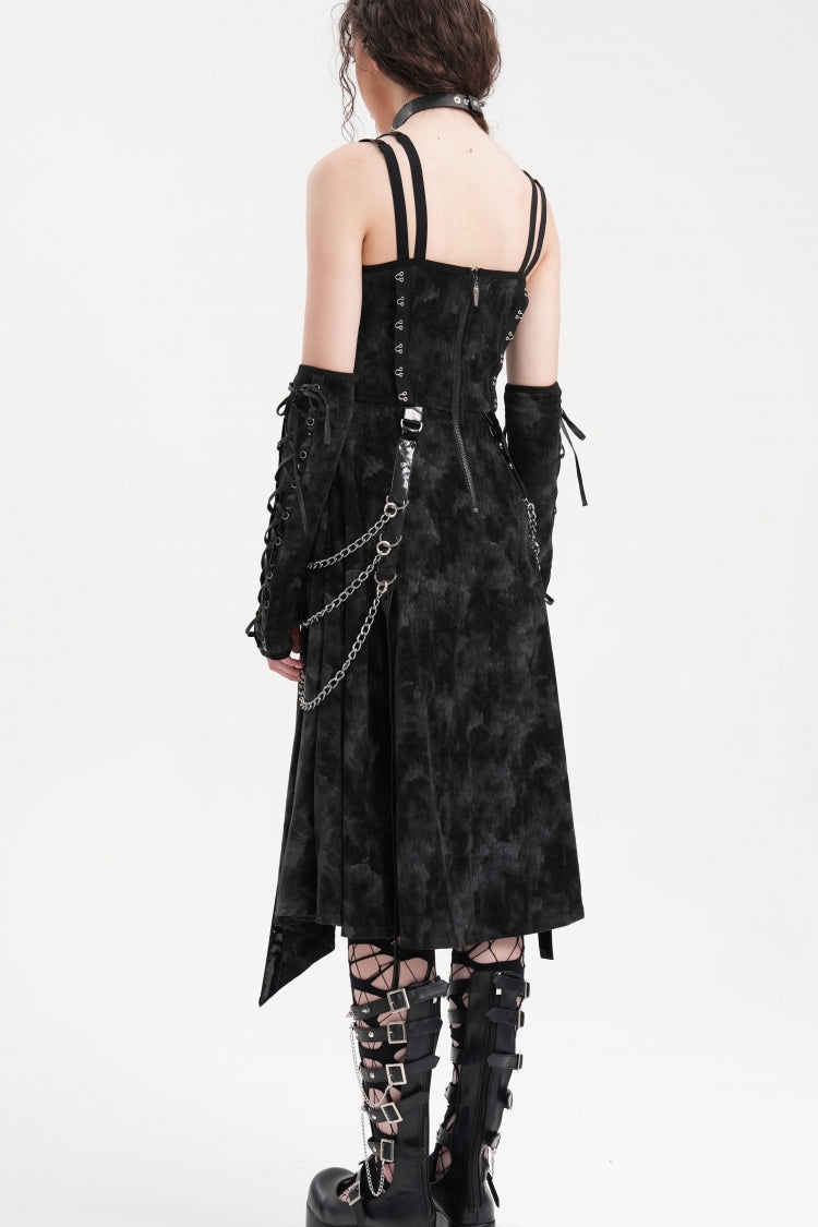 Black Chains Rings Lace-Up Women's Gothic Slip Dress with Gloves