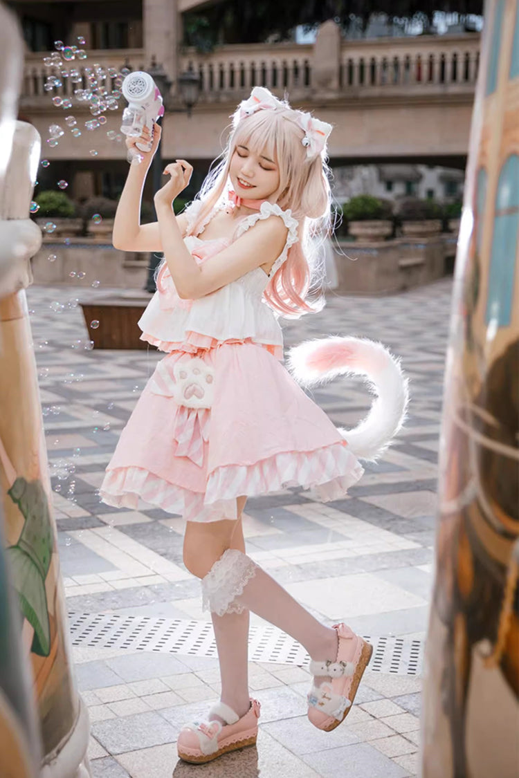 Pink [Miss Meow] Print Ruffle Bowknot Sweet Lolita Skirt Set