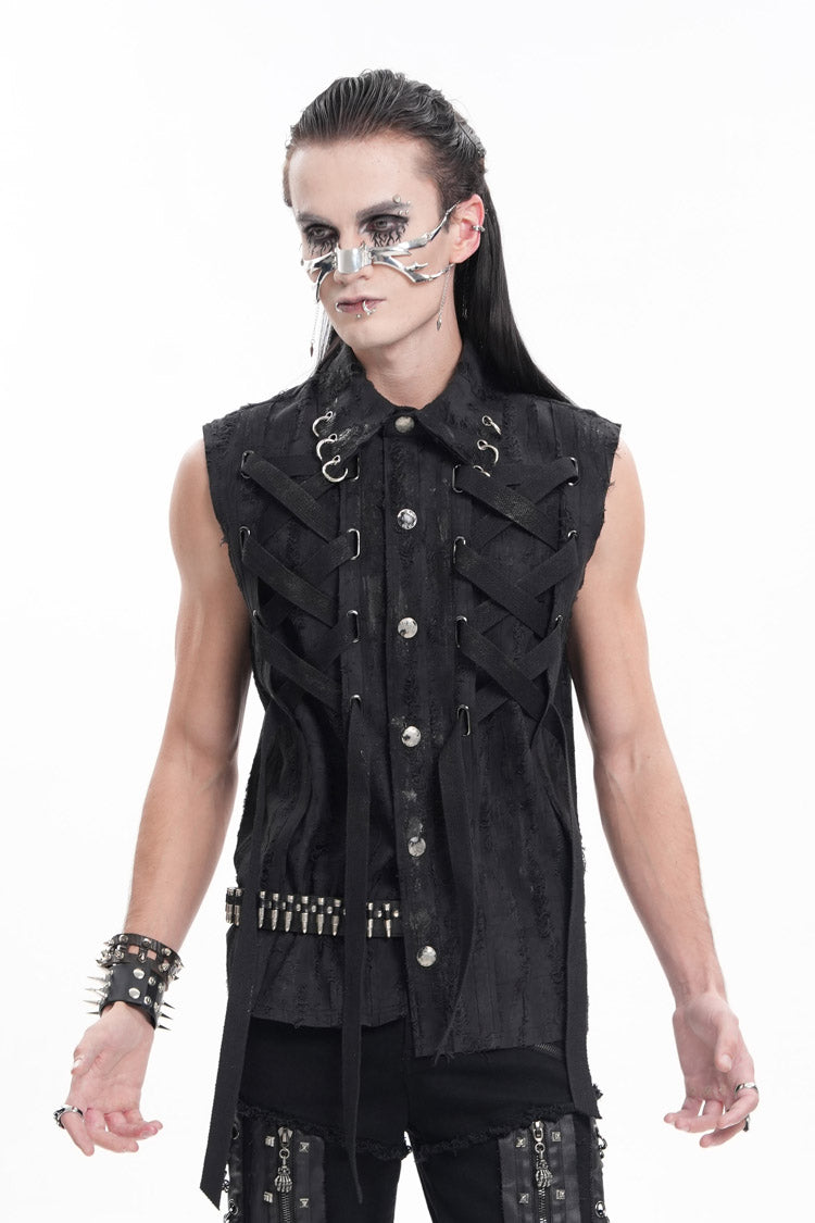 Black Lapel Collar Sleeveless Lace-Up Ripped Ring Men's Gothic Vest