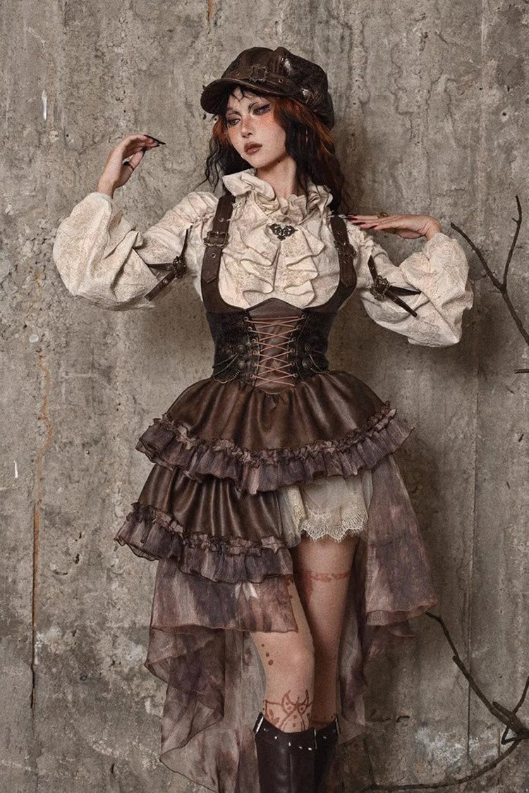 Brown Chest Straps Ruffle Irregular Detachable Tail Punk Lolita Dress