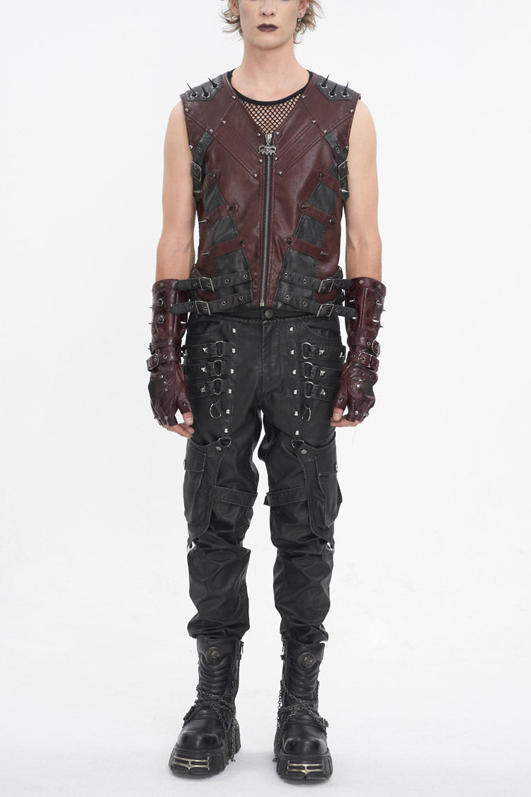 Red Studded Faux Leather Men's Punk Vest