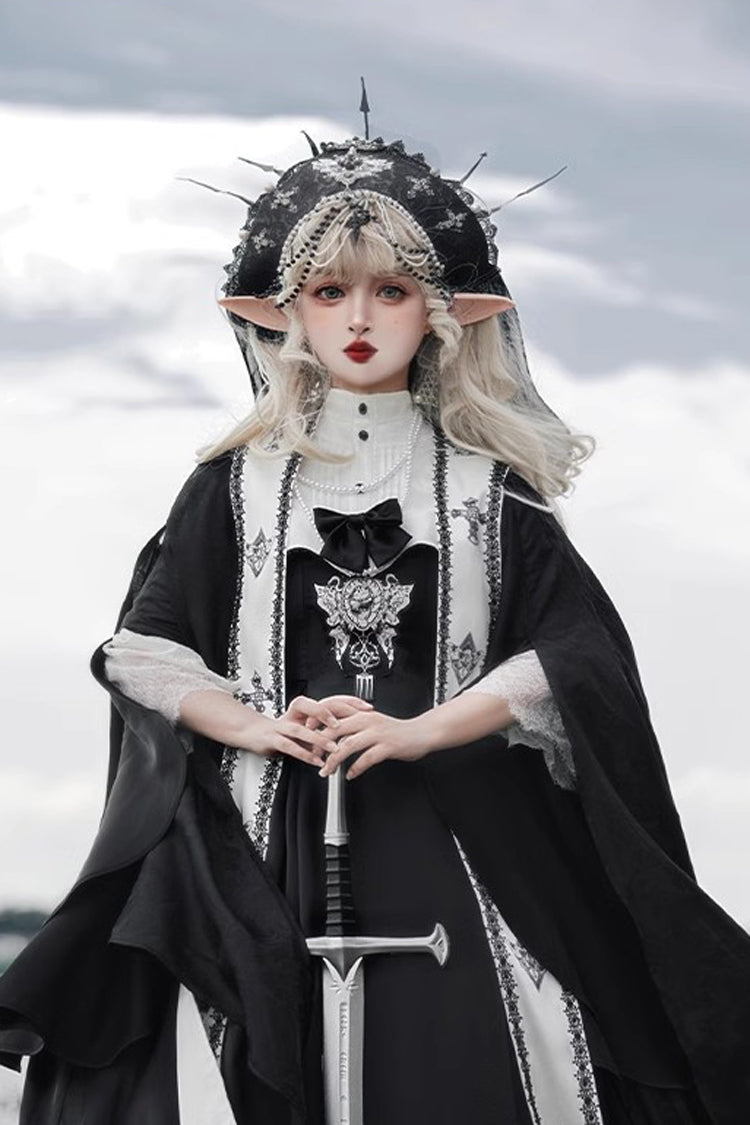 Schwarzes [Cross Nun] Stehkragen Off Shoulder Print Bowknot Gothic Elegantes Lolita Kleid