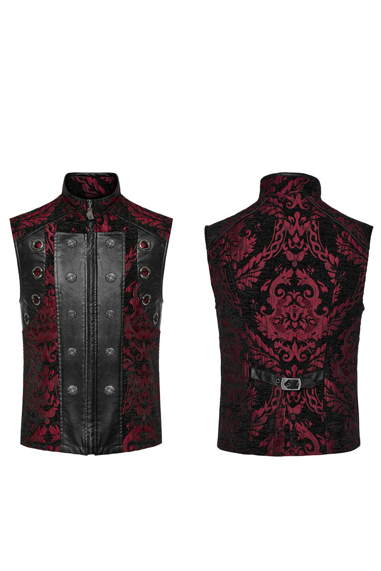 Black/Red Men's Stand Collar Jacquard Print Stitching Metal Ring Decoration Gothic Vest