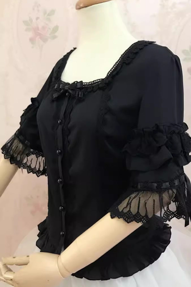 Süße Lolita-Bluse mit Spitze und quadratischem Kragen in Weiß und Hime-Ärmeln