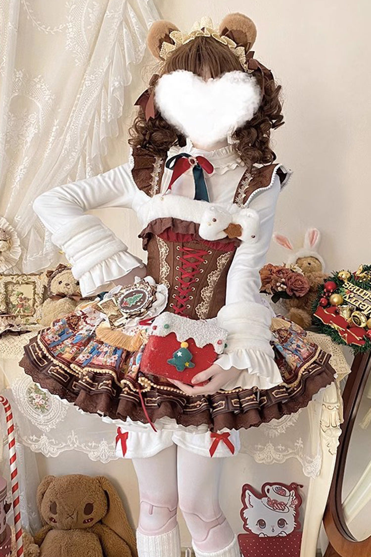 Brown [Candy House] Multi-Layered Print Ruffle Bowknot Lace-Up Sweet Ballet Lolita Jsk Dress