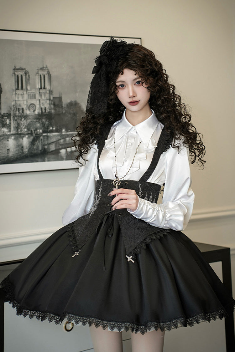 Black [Night of Thorns] Sleeveless Embroidery Lace-Up Gothic Lolita Strap Breast Support Dress 2 Versions