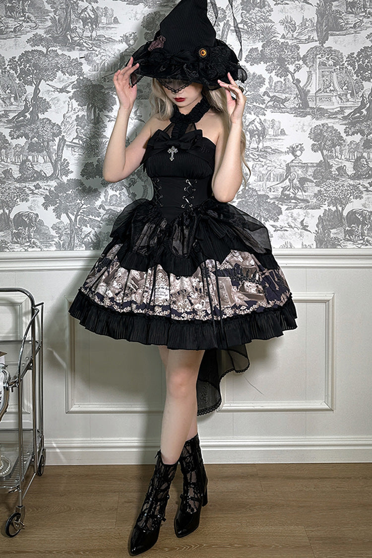 Black [The Mystery of The Doll] Halterneck Print Ruffle Bowknot Drawstring Gothic Lolita Dress