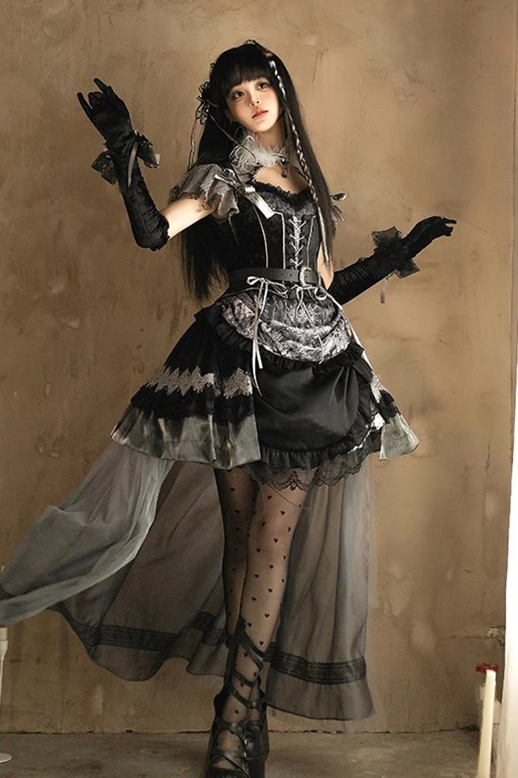 Black [Dark Night Rose] Short Sleeves Print Ruffle Bowknot Lace Asymmetric Gothic Lolita Dress