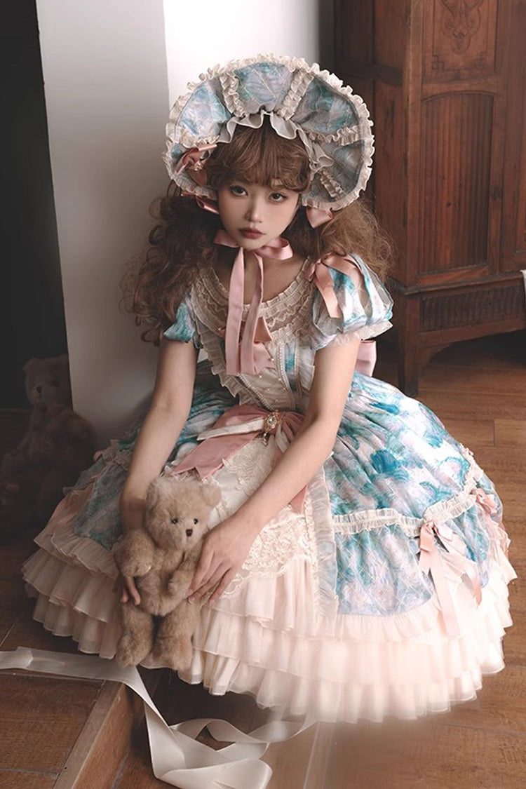 [Angel Heart Sky Oil Painting] Print Ruffle Cardigan Bowknot Sweet Princess Lolita Dress 3 Colors