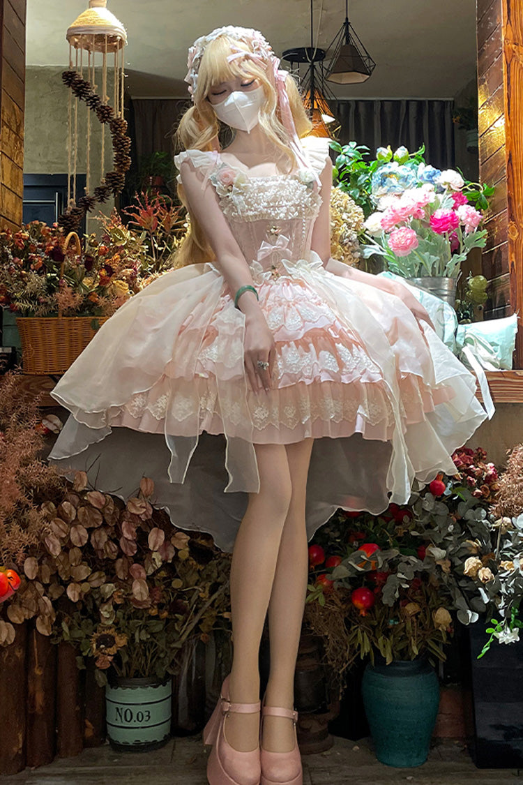 [Tears of Rose] Sleeveless Multi-Layered Ruffle Cardigan Bowknot Lace Sweet Ballet Lolita Jsk Dress 2 Colors