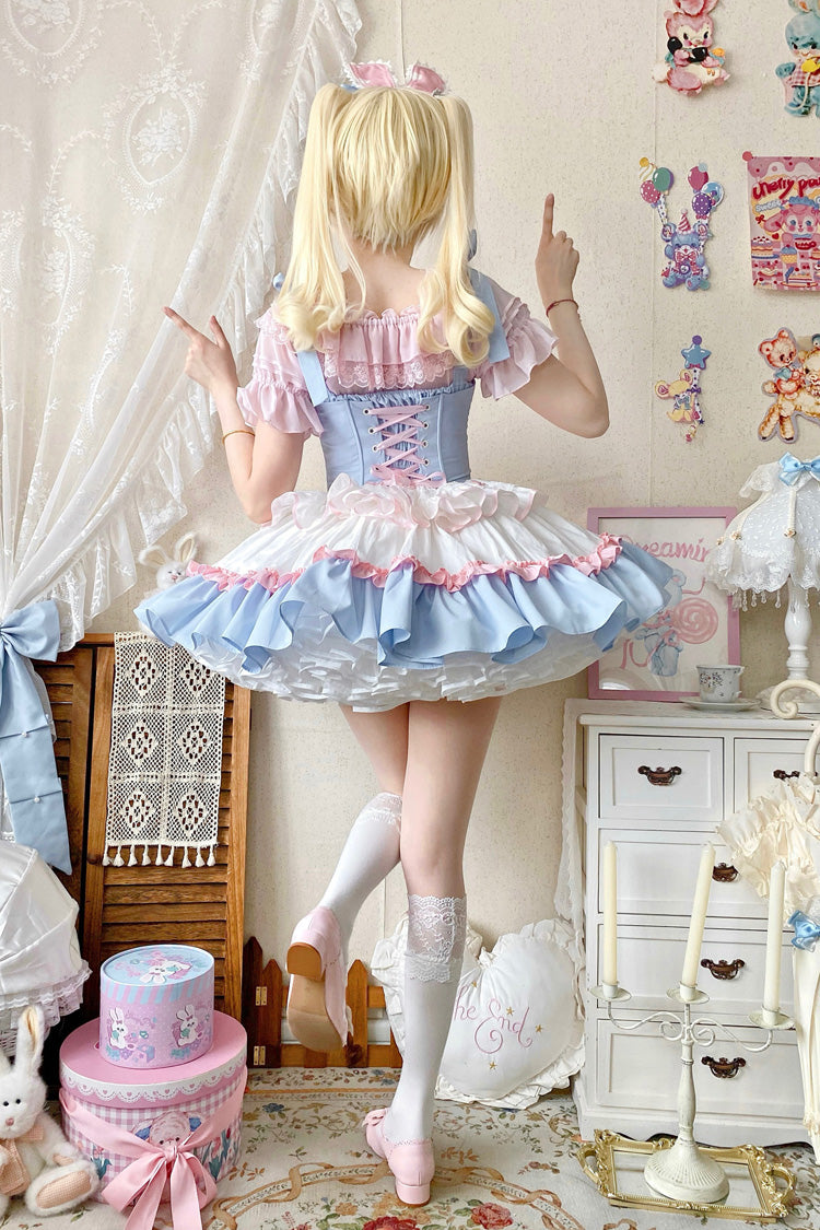 Light-Blue/Pink/White [Fairy Tale Overture] Triple-Layered Ruffle Bowknot Fishbone Sweet Ballet Lolita Dress