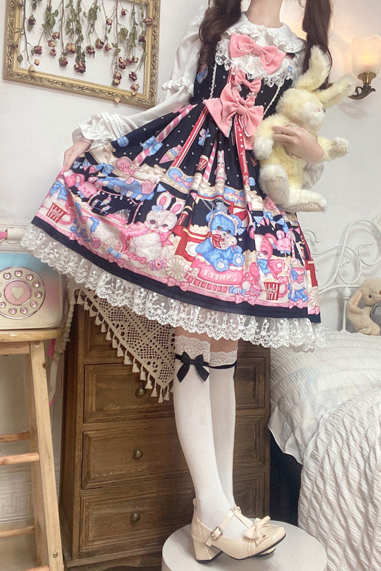 Black/Pink Doll Playground Print Ruffle Bowknot Sweet Lolita Jsk Dress