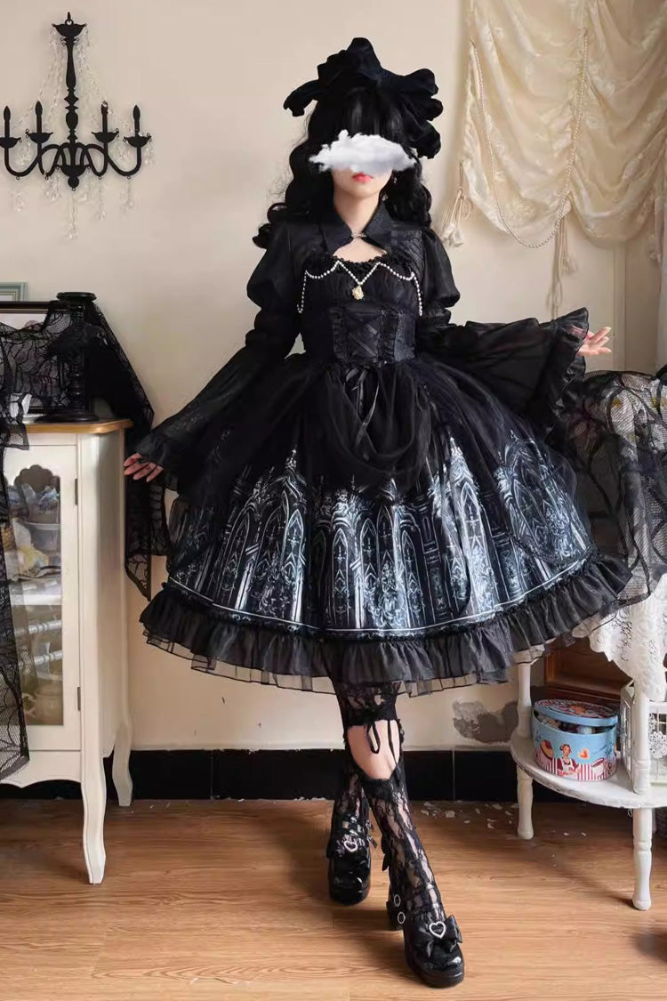 Schwarzes ärmelloses Gothic-Lolita-JSK-Kleid mit Rüschen und Church of Silent Night-Aufdruck