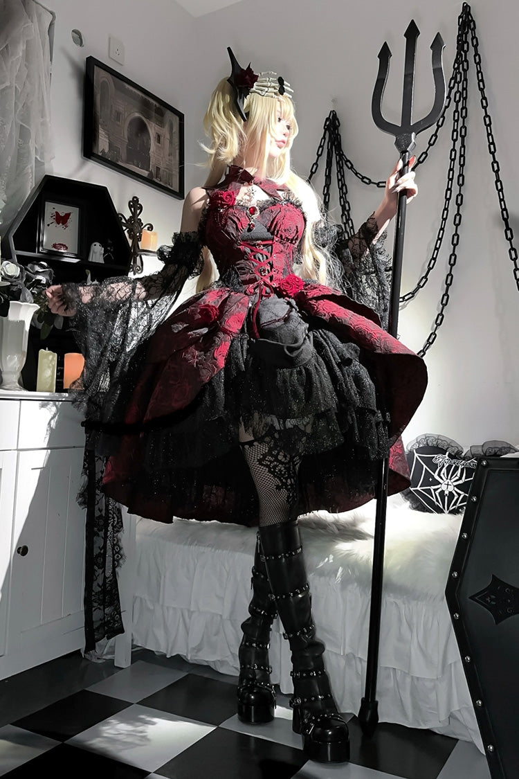 Black/Red [Weeping Rose] Jacquard Print Ruffle Cardigan Bowknot Lace-Up Gothic Lolita Dress