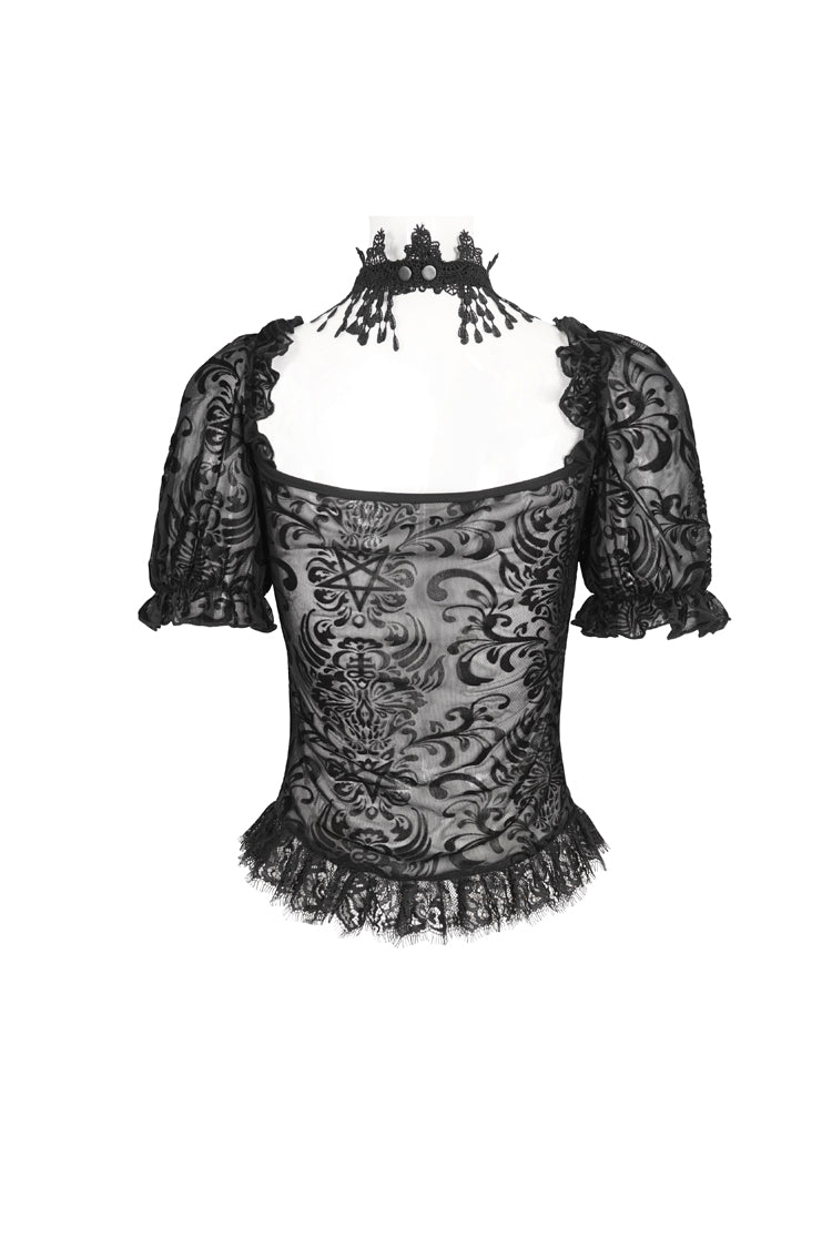 Schwarze kurzärmlige, bedruckte, durchsichtige Gothic-Bluse mit Rüschenspitze für Damen