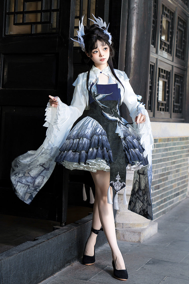 Dark Blue [Feathered Finch] Multi-Layered Print Ruffle Classic Chinese Style Lolita Jsk Dress Set