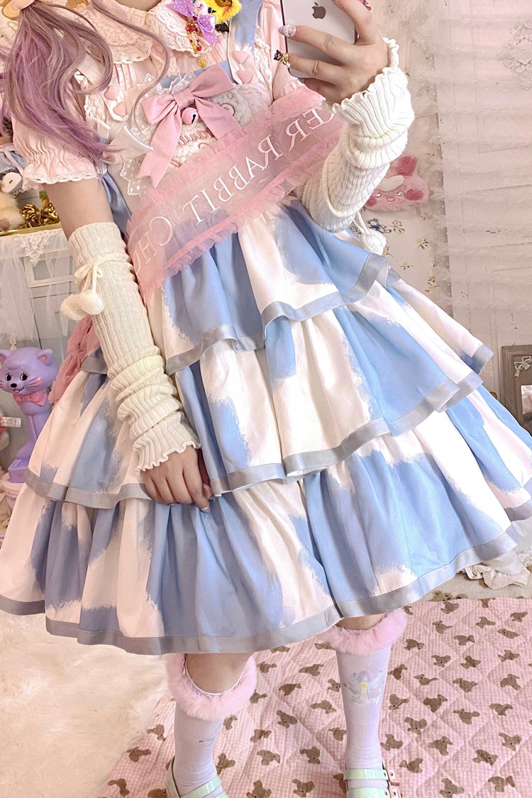 Blue Sleeveless Triple-Layered Cow Print Ruffle Bowknot Sweet Lolita Jsk Dress