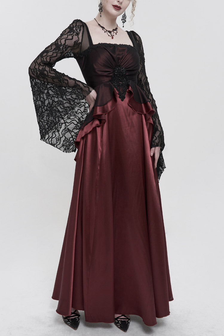 Red Lace Pointy Large Sleeves Back Middle Zipper Satin Long Floor Length Women's Gothic Dress