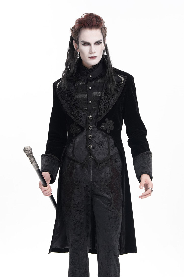 Black Long Sleeves Button Floral Embroidery Men's Gothic Jacket